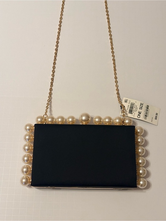 INC International Concepts Handbags - INC International Concepts Black Satin Pearl-Trim Chain Clutch